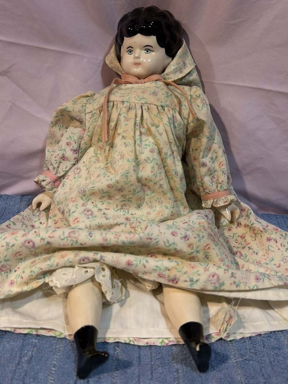 Antique China Head Doll Black Hair Painted Eyes Floral Dress